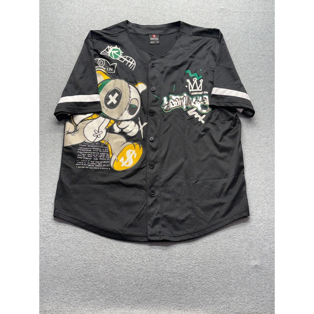 Southpole Mens XL Black Mesh Baseball Jersey Graffiti Bear Y2K Streetwear Shirt